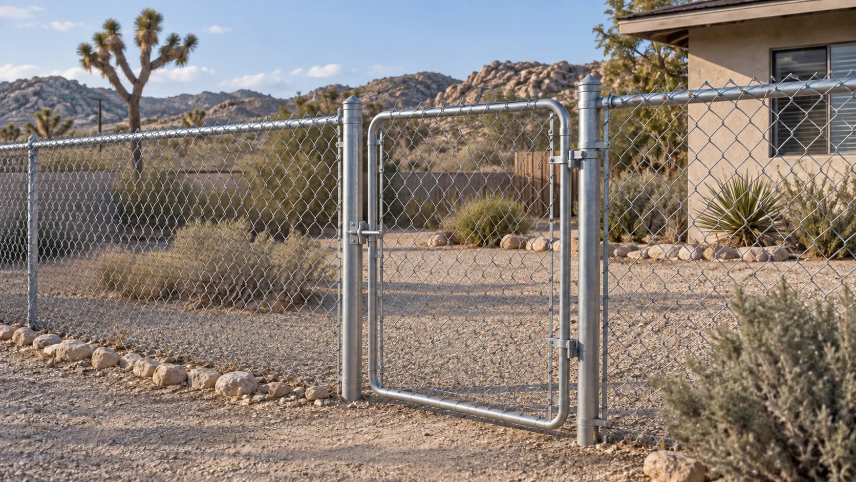 Representative galvanized chain-link fence line on a high-desert property