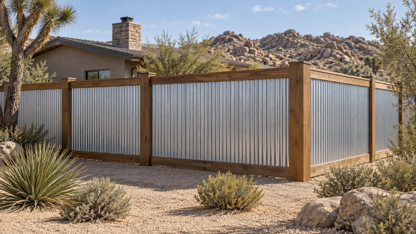 Representative corrugated metal privacy fence with wood posts on a high-desert residential property