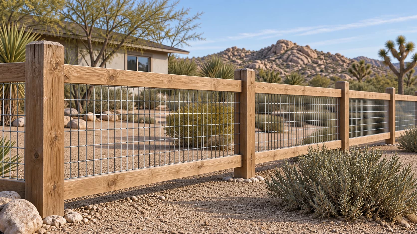 Representative wood rail and wire fence on a desert property