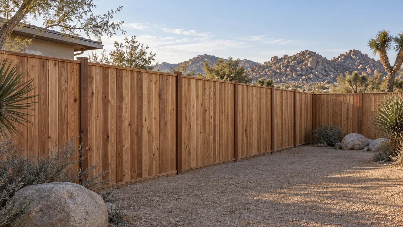 Representative wood privacy fence enclosing a desert backyard